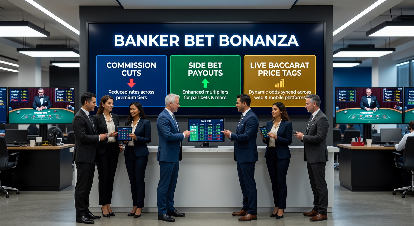 Digital rendering of a bustling live baccarat table with glowing banker bet area and side bet options highlighted, chips stacked high amid dealer action