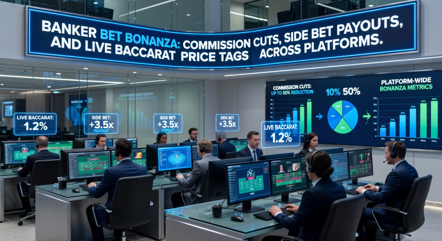 Close-up of live baccarat interface on a platform, displaying banker bet with reduced commission indicator, side bet payout table, and current minimum stake overlay amid dealer shuffle
