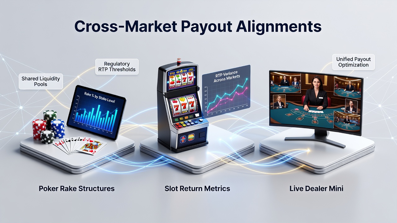 Data dashboards comparing rake percentages, RTP values, and live dealer minimum bets on global casino sites