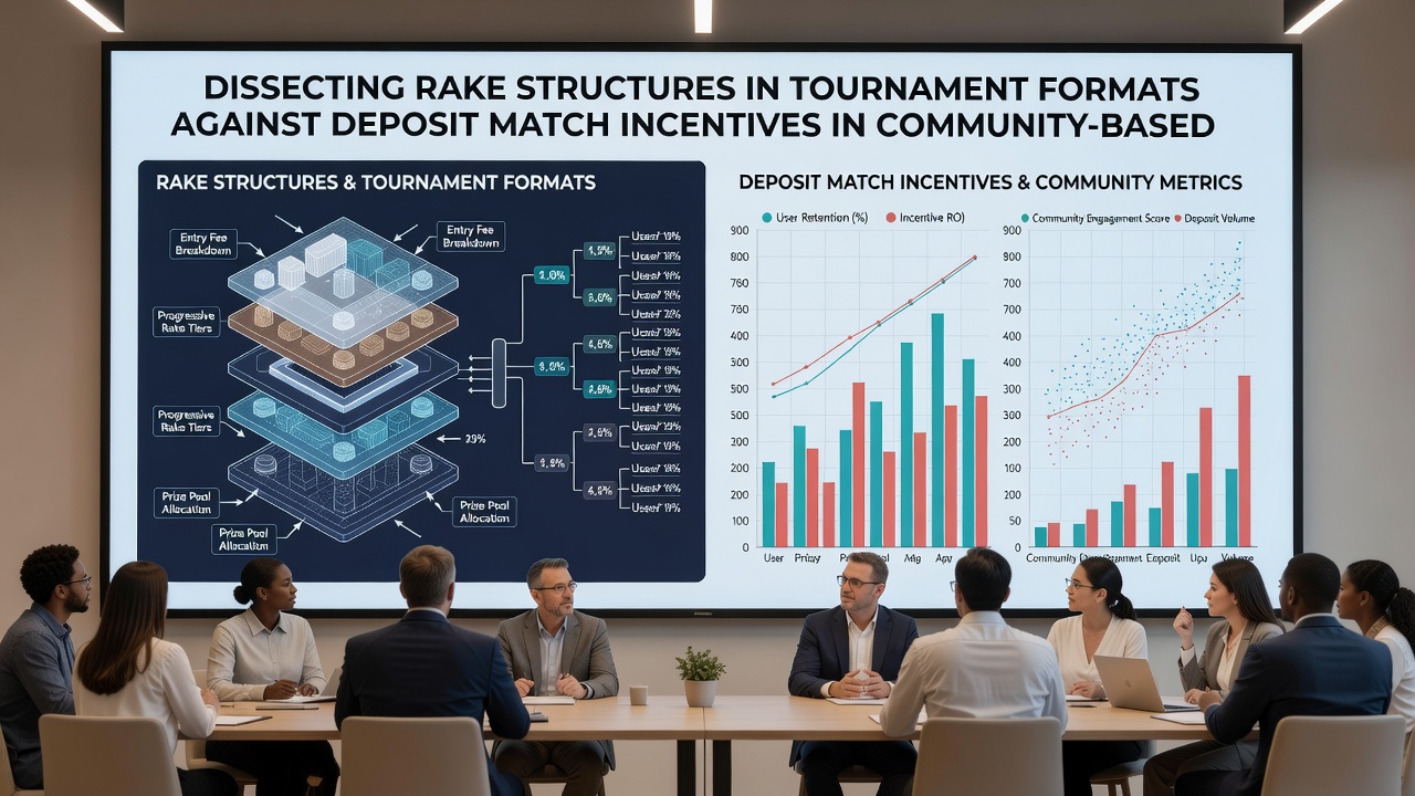 Side-by-side comparison charts of rake percentages and deposit match rates on online gaming interfaces