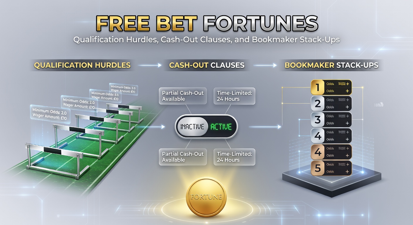 Graphic showing stacked free bet chips with hurdles and bookmaker logos in the background, illustrating promotion challenges and comparisons