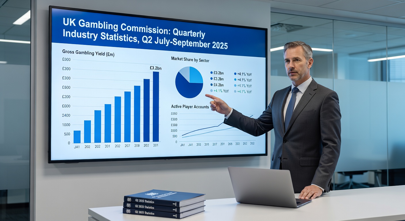 Infographic detailing UK gambling participation rates and GGY by sector for Q2 2025, with pie charts emphasizing remote growth
