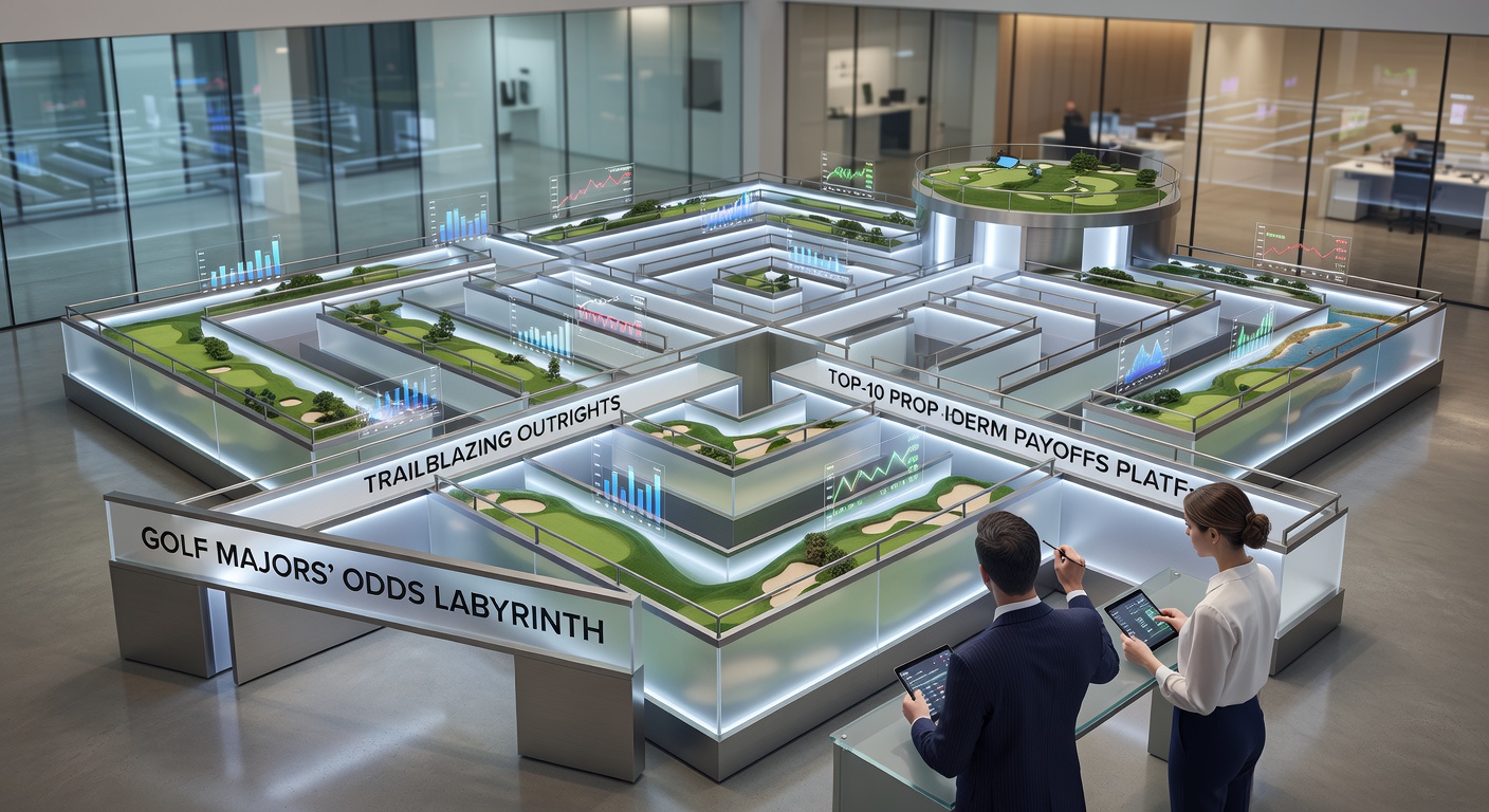 Close-up of a golfer lining up a putt on a major championship green, with betting props overlaid