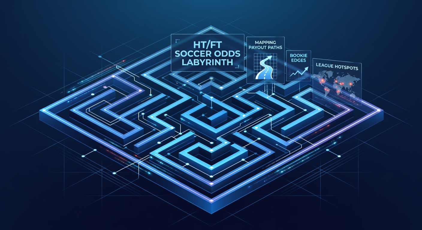 Visual breakdown of HT/FT betting outcomes on a soccer pitch diagram, highlighting the nine possible half-time/full-time result paths with example odds