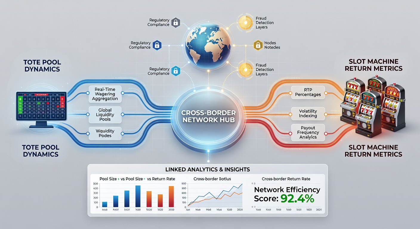 Illustration of interconnected gambling network servers linking horse racing tote data with casino slot performance analytics