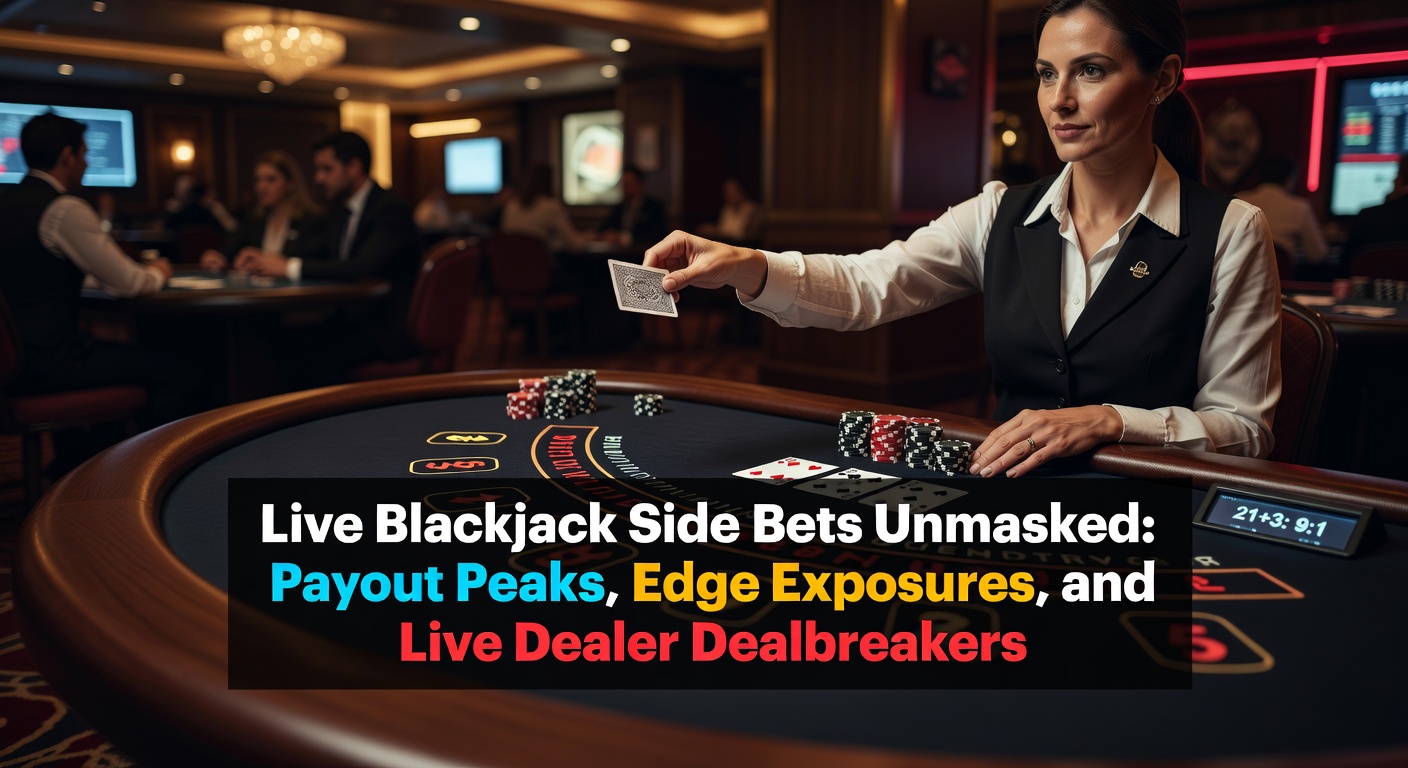 A vibrant live blackjack table with side bet options illuminated on the screen, dealers shuffling cards under bright casino lights