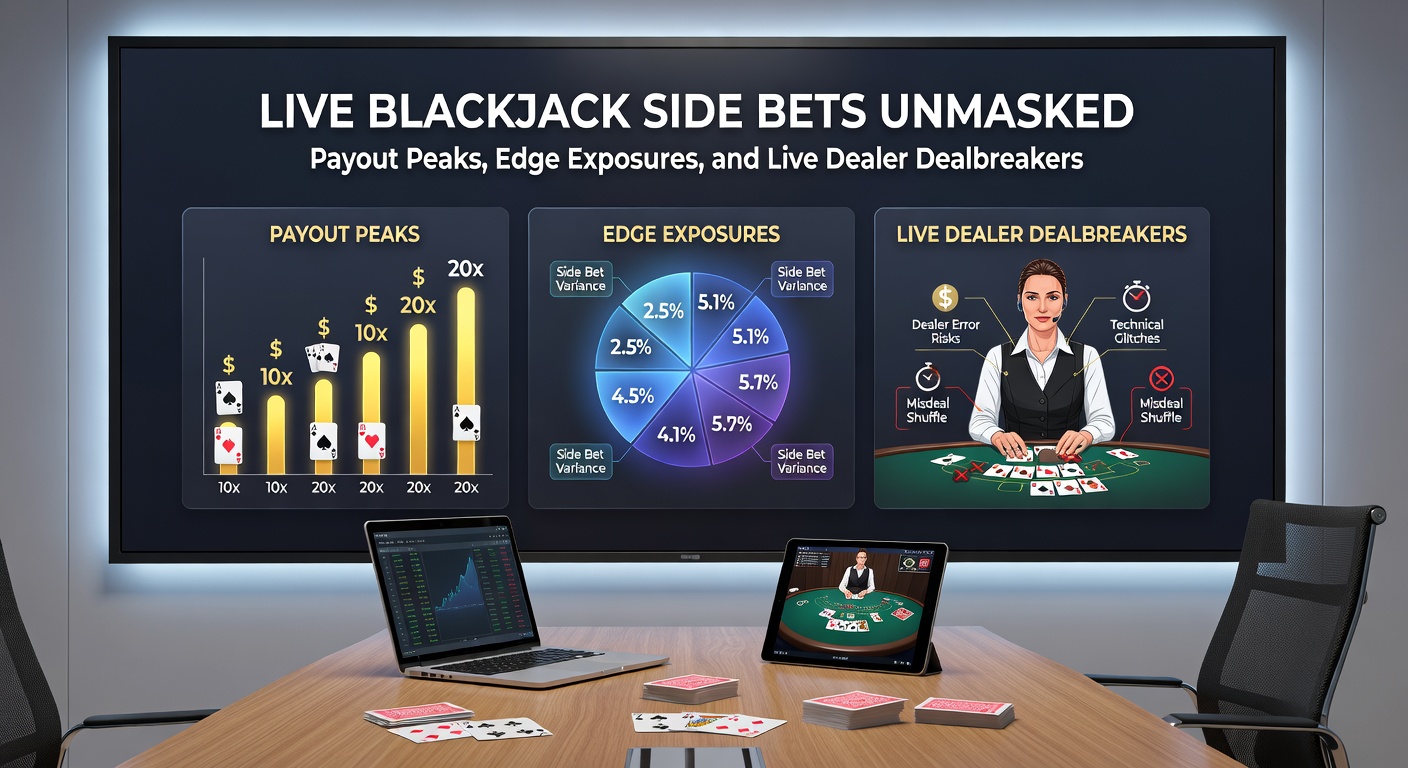 Close-up of a live dealer placing side bet chips on a blackjack table, with payout charts glowing on the side screen amid card shuffle
