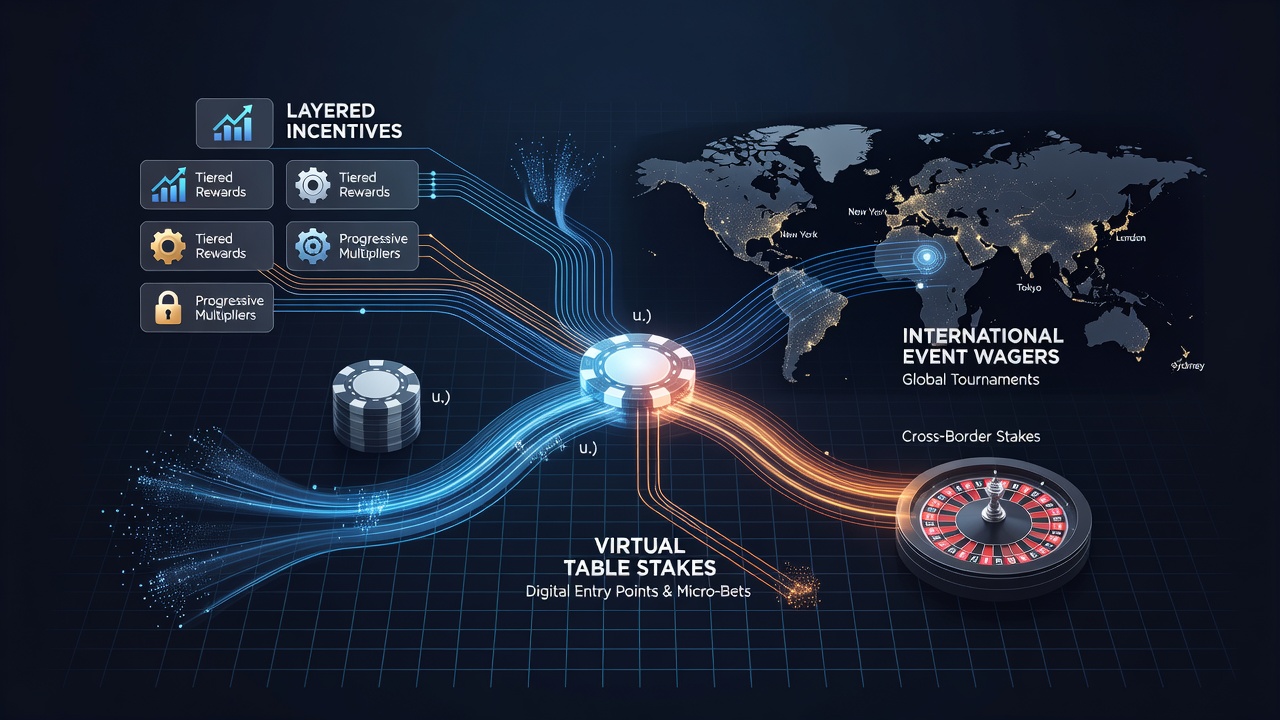 Infographic illustrating incentive flow from virtual tables to global sports betting within operator networks