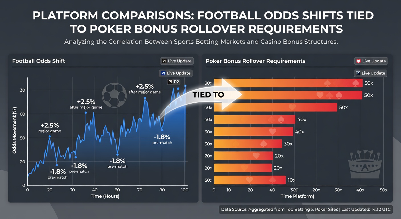 Platform comparisons dashboard displaying football odds movements alongside poker bonus rollover tracking metrics
