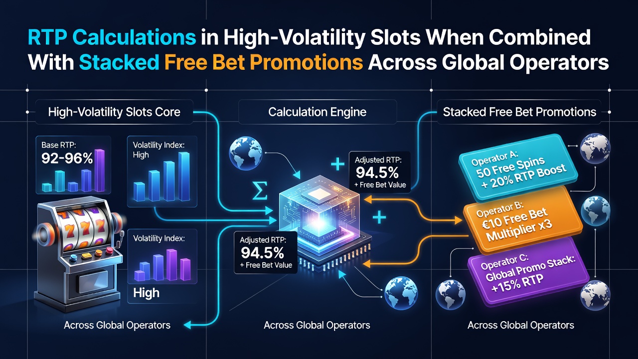 High-volatility slot reels spinning with promotional overlay graphics showing free bet stacking mechanics across multiple casino platforms