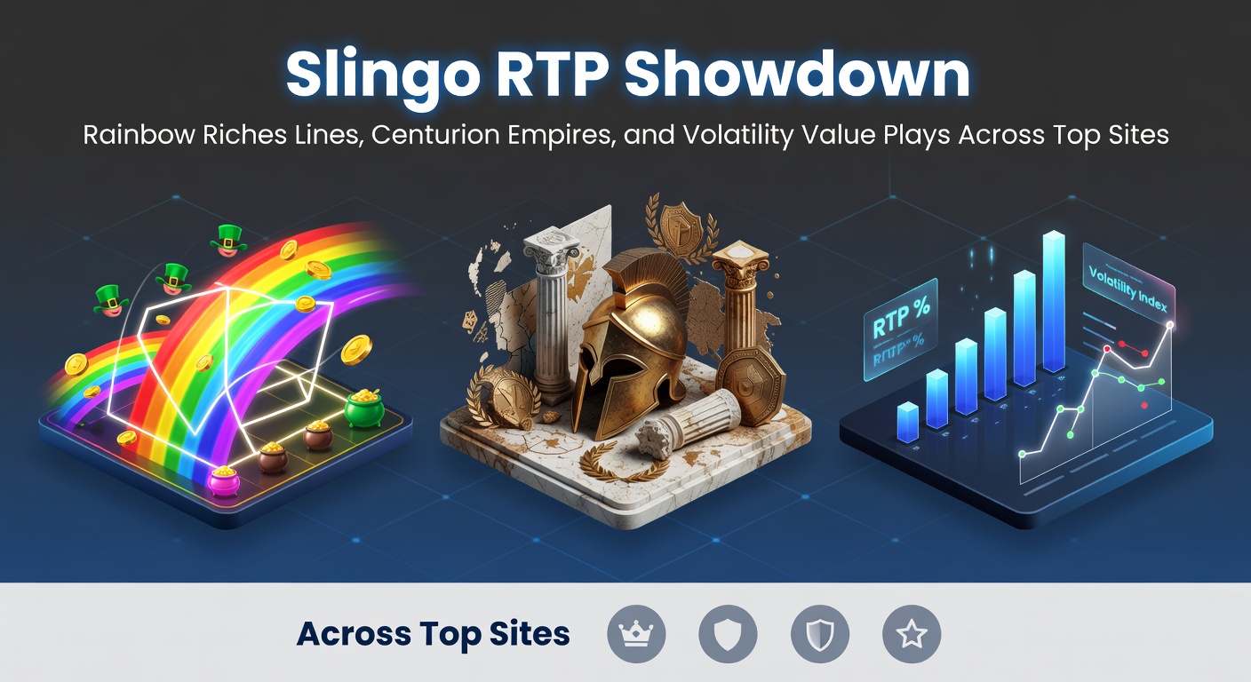 Vibrant Slingo reels featuring Rainbow Riches Lines and Centurion Empires symbols spinning on a casino interface, highlighting RTP meters and volatility charts