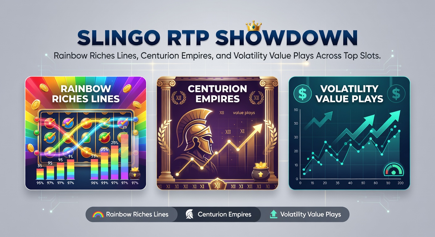 Close-up comparison chart of Slingo RTP bars for Rainbow Riches Lines and Centurion Empires, overlaid with volatility graphs and top casino logos
