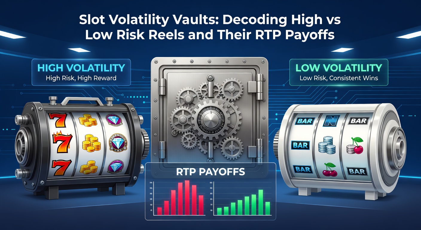 Colorful slot machine reels spinning with high and low volatility symbols, illustrating risk levels and potential payouts