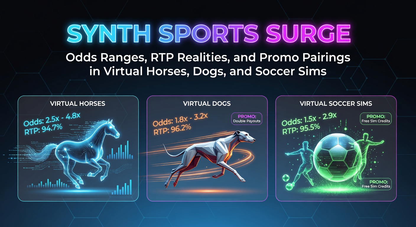Dynamic simulation of virtual horse racing with colorful horses sprinting on a track under stadium lights, highlighting the fast-paced synth sports appeal