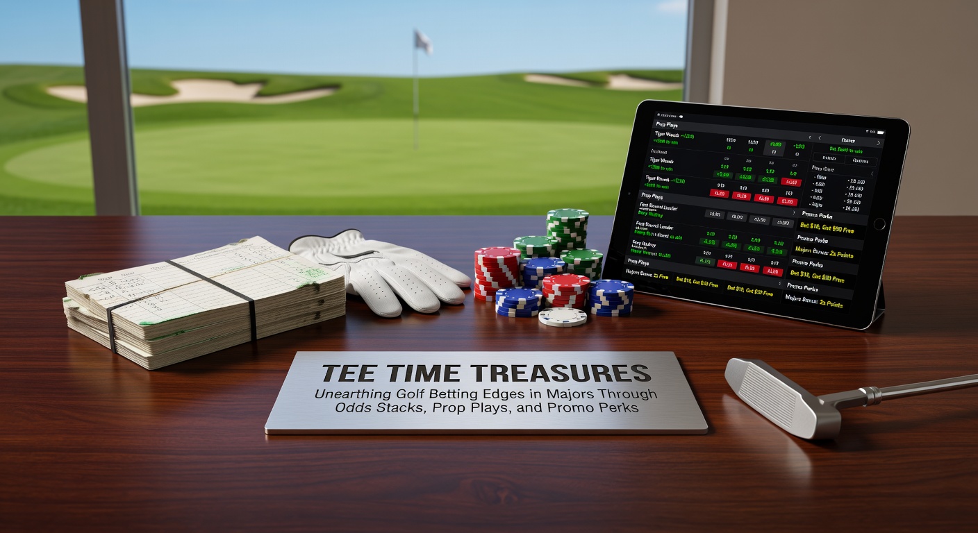 Golfers competing in a major tournament with betting odds overlay, highlighting stacks and props