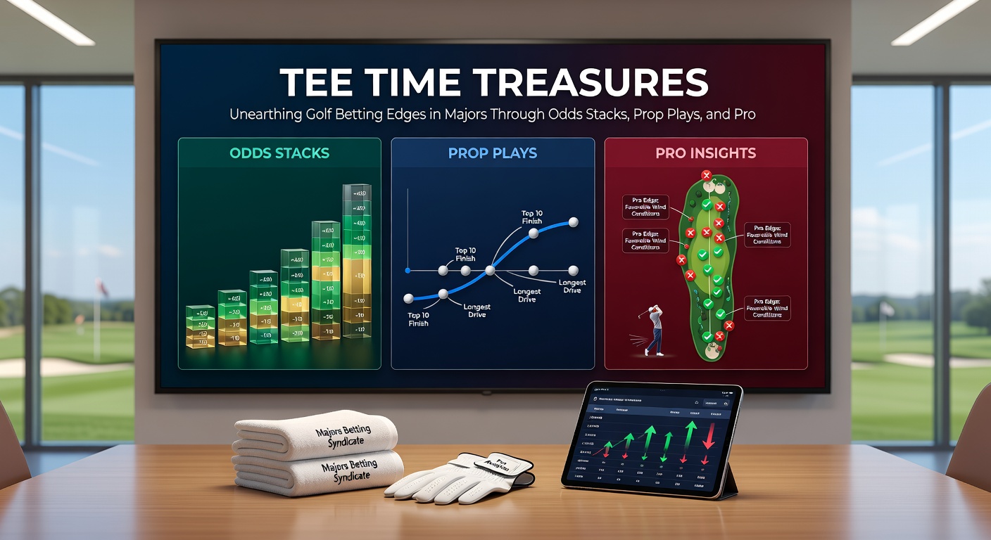 Close-up of a golfer lining up a putt during a major, with prop bet icons like birdie counts and head-to-head odds floating nearby