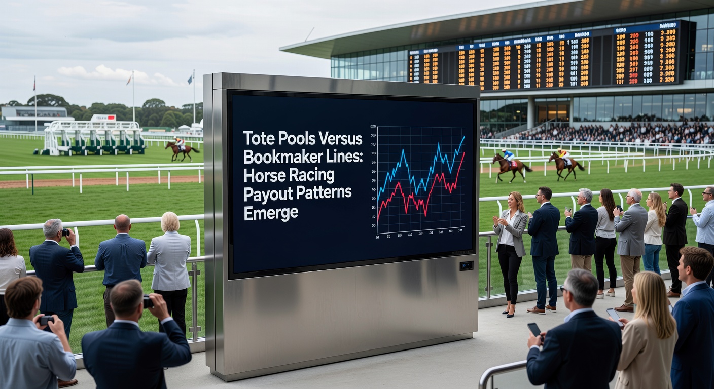 Split infographic detailing payout trajectories for a sample 16-horse field, with Tote pool curves rising sharply for longshots beside stable bookmaker fixed-odds bars
