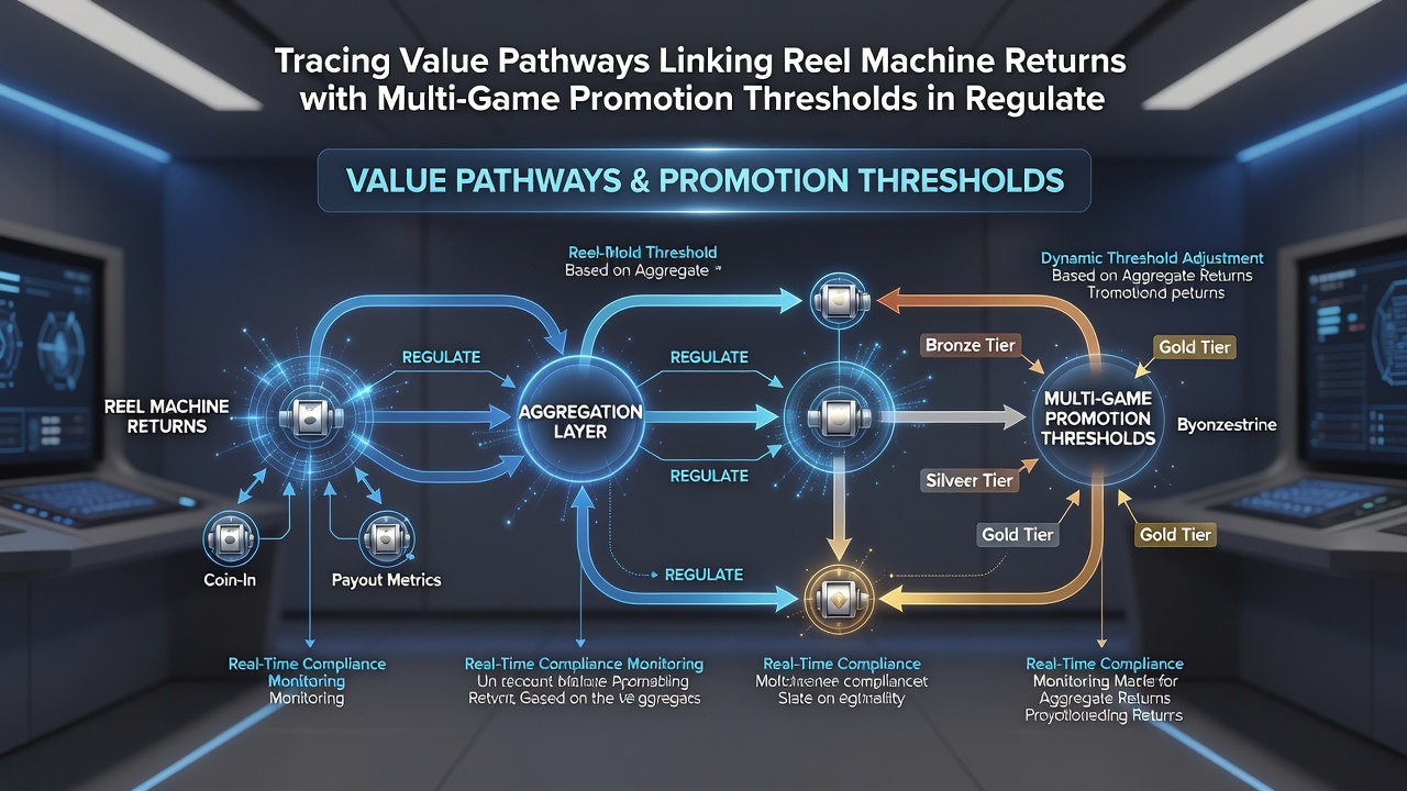 Illustration of value flow from slot returns through promotion thresholds in licensed digital spaces